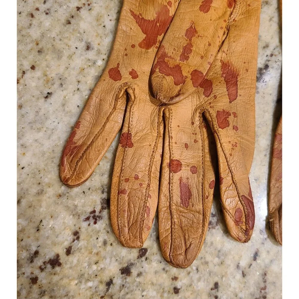 Vintage Size S Brown Leather Gloves Fake Bloody Horror Costume Slashed Worn